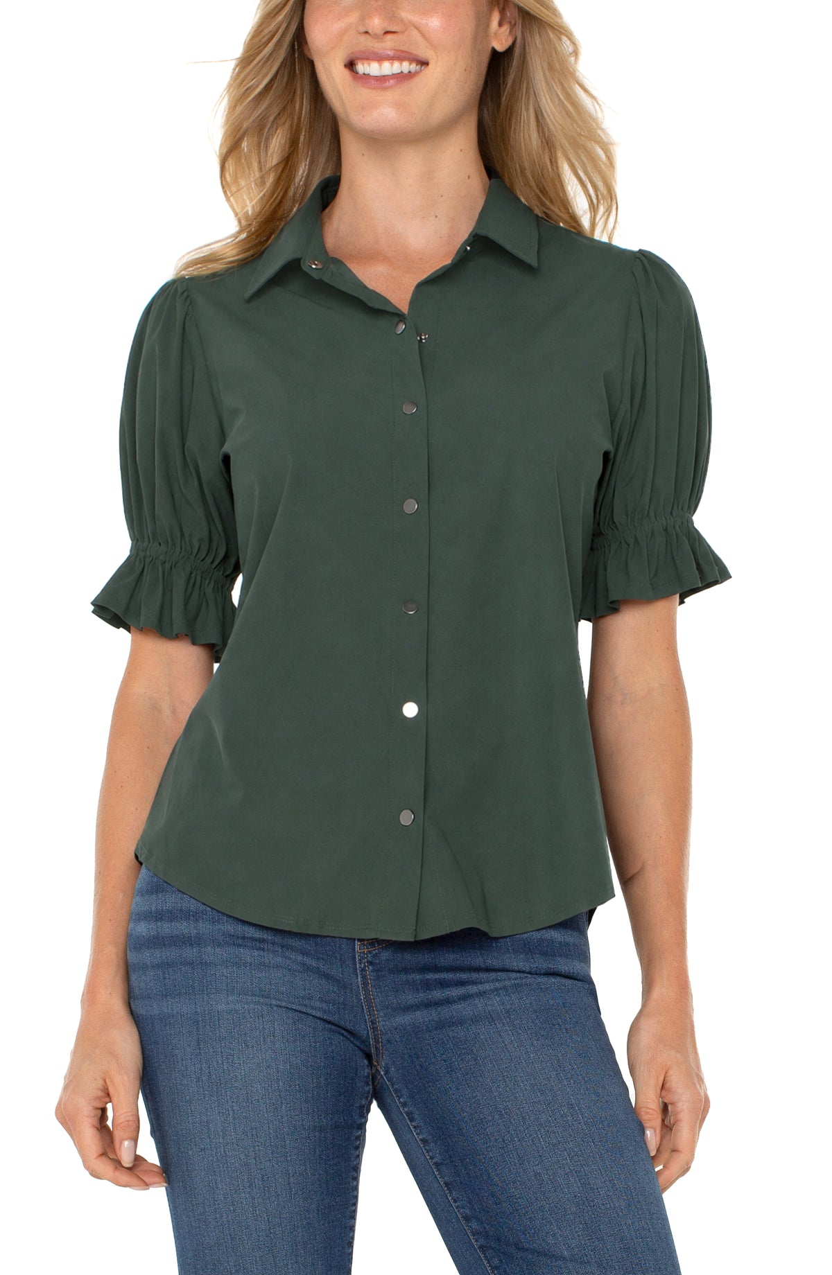 Elbow Puff Sleeve Snap Front Shirt