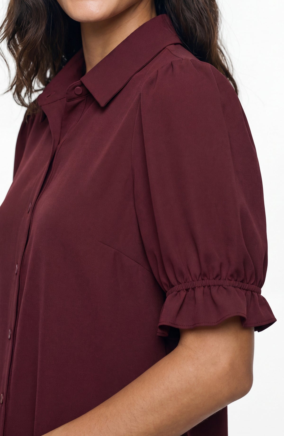 Elbow Puff Sleeve Snap Front Shirt