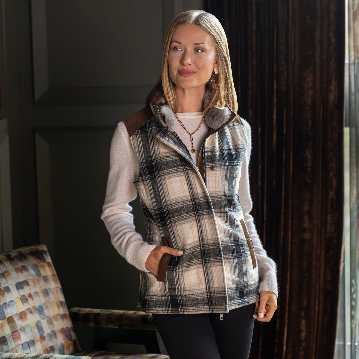 Wool Blend Vest with Rabbit Fur Collar