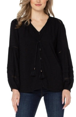 Black long sleeve popover shirred blouse