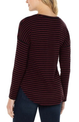 Stripe long sleeve drop shoulder scoop neck knit top