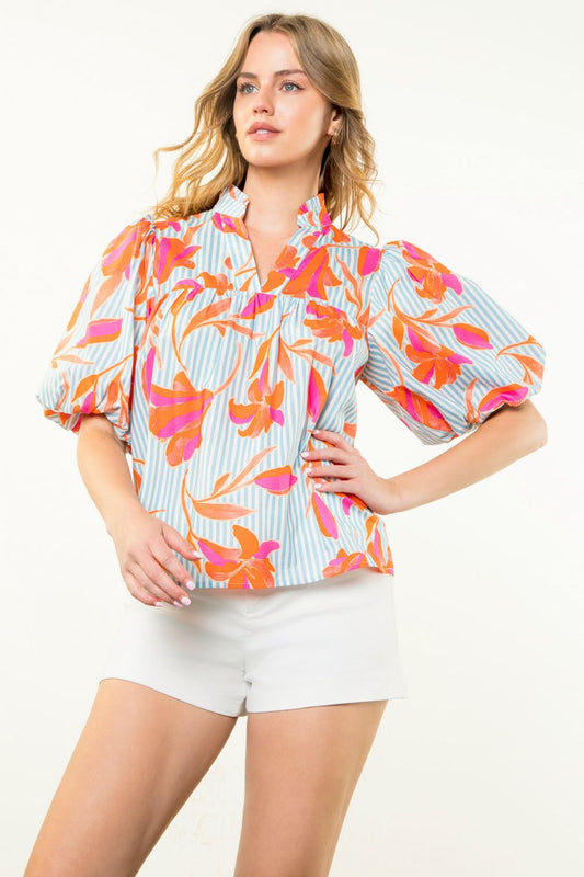 Striped Floral Puff Sleeve Top