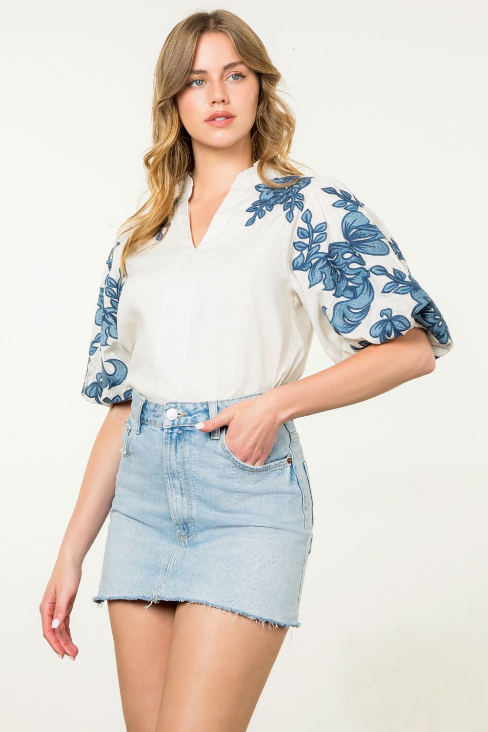 Embroidered V Neck Puff Sleeve Shirt