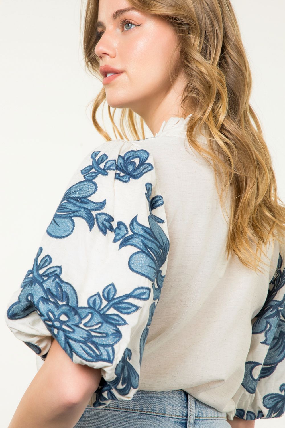 Embroidered V Neck Puff Sleeve Shirt