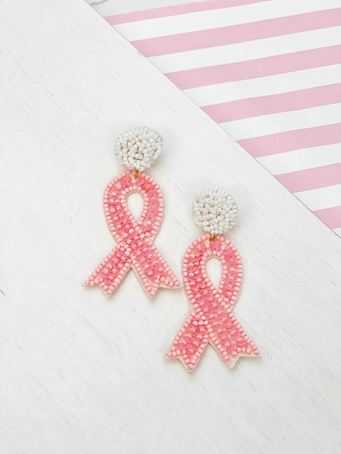 Breast Cancer Ribbon Beaded Dangle Earrings