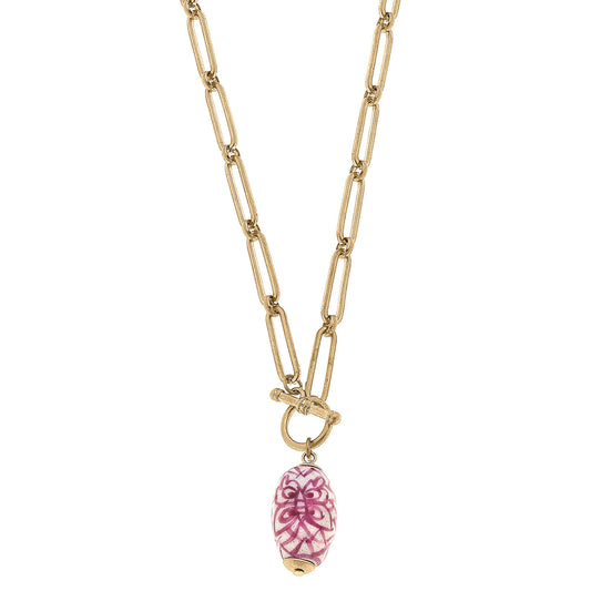 Evelyn Chinoiserie T-Bar Necklace in Pink & White