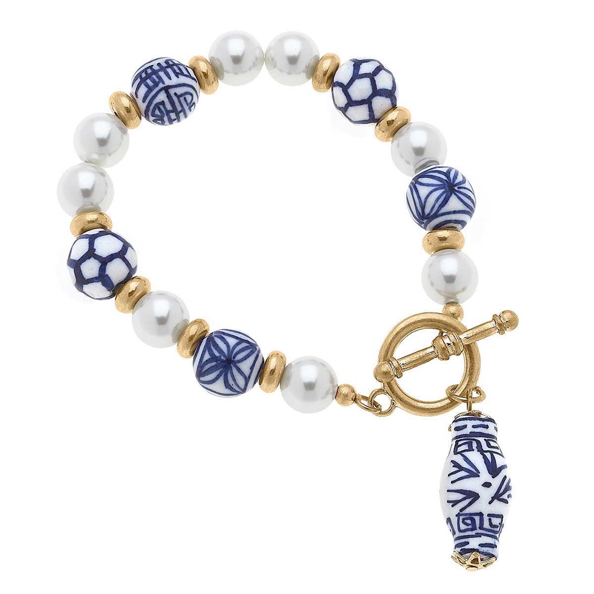 Marjorie Chinoiserie & Pearl T-Bar Bracelet in Blue & White
