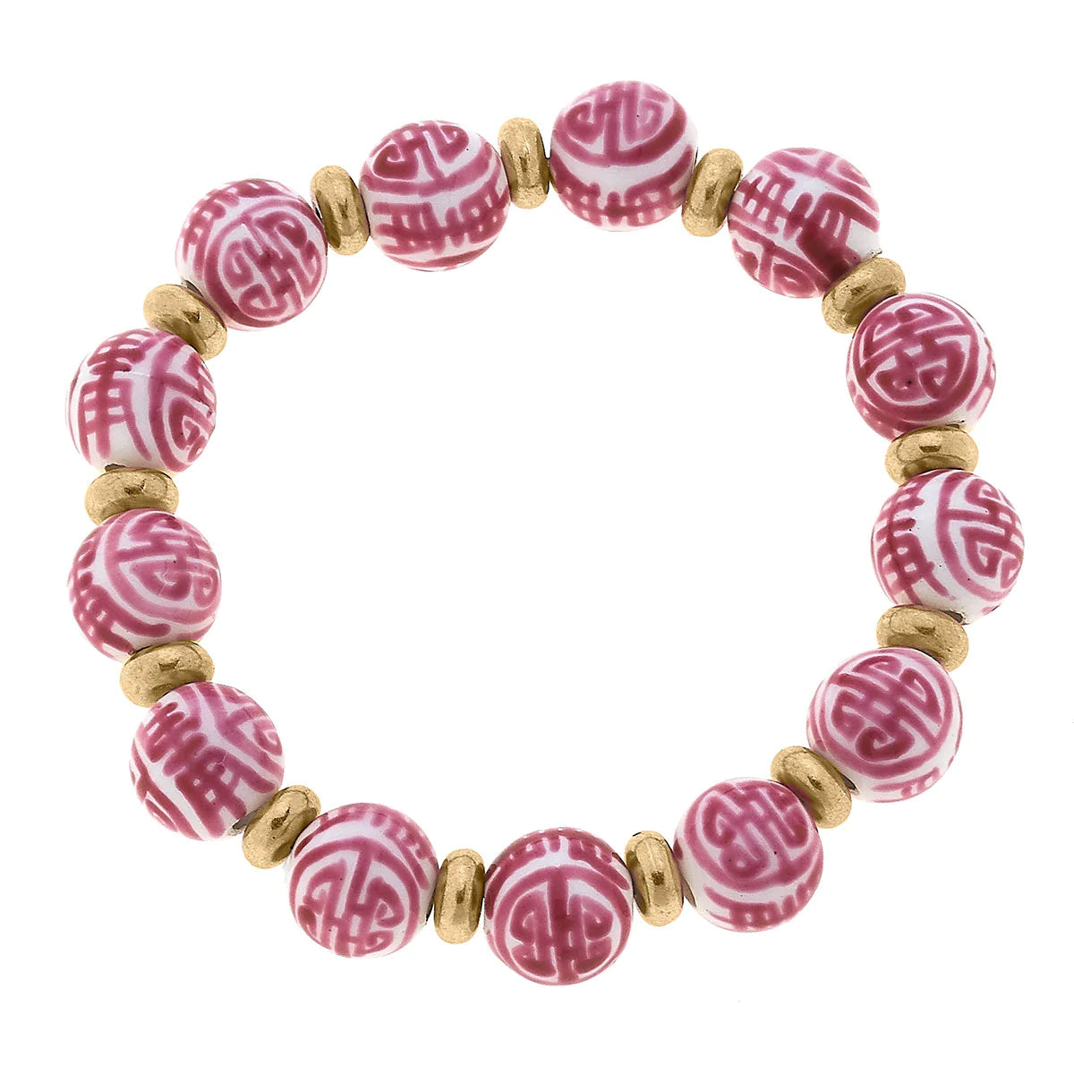 Delaney Pink Chinoiserie Stretch Bracelet in Pink & White
