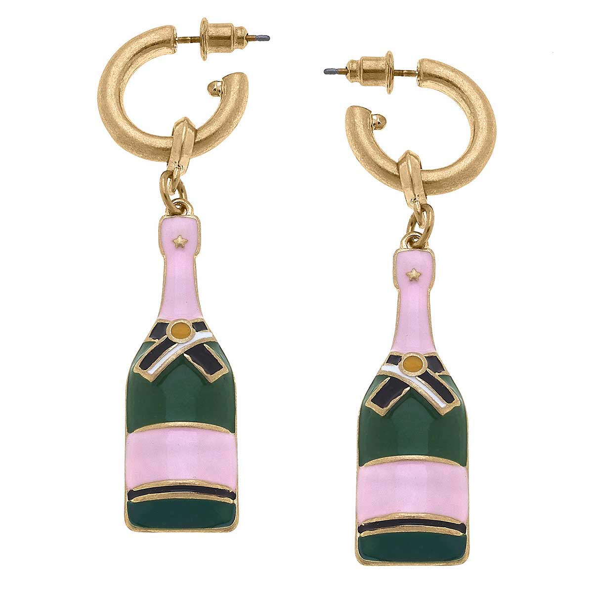 Lola Enamel Champagne Bottle Earrings in Pink & Green