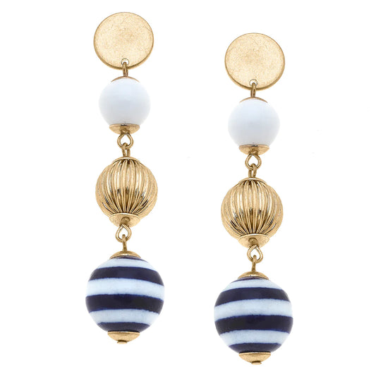 Maya Nautical Ceramic & Ribbed Metal Ball Bead Drop Earrings in Navy & White