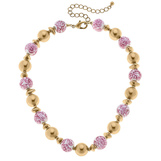 Regina Chinoiserie & Ball Bead Necklace in Pink & White