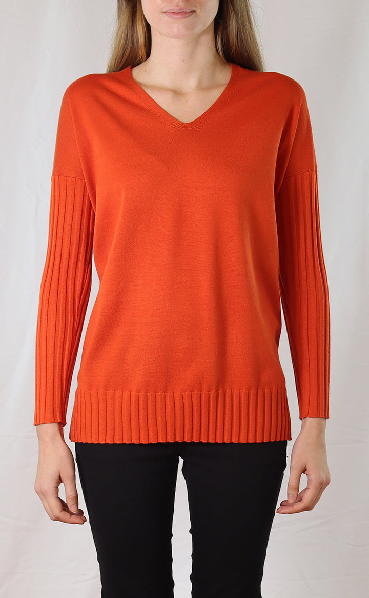 V Neck Sweater with Ribbed Sleeves