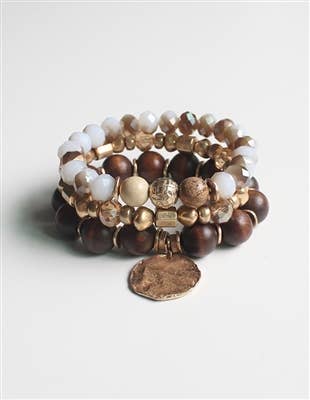Set of Three Brown, Gold, and Natural Stone Stretch Bracelet