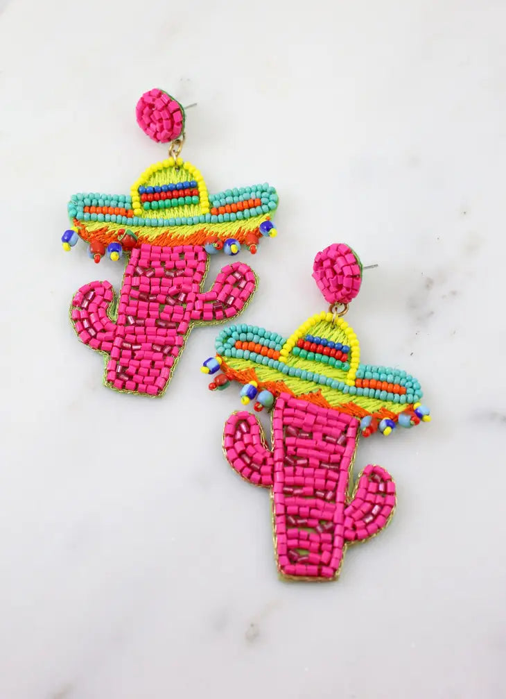 Embellished Cactus with Sombrero Earring HOT PINK