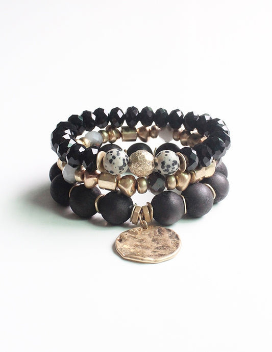 Black and  Natural Stone Stretch Bracelet