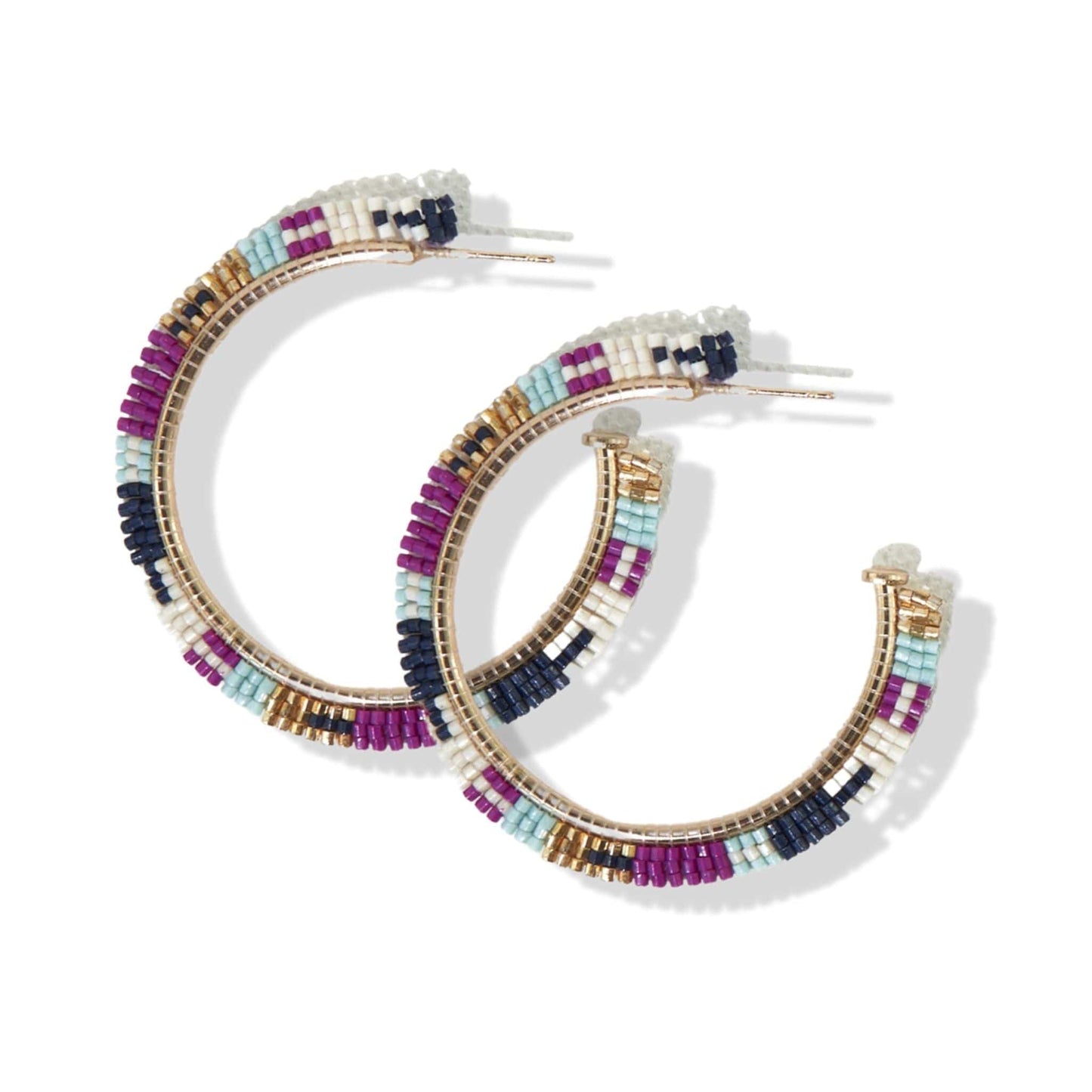 Navy Magenta Stripe Beads Hoop Earrings