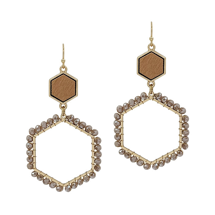 Wood Hexagon and Crystal Earring