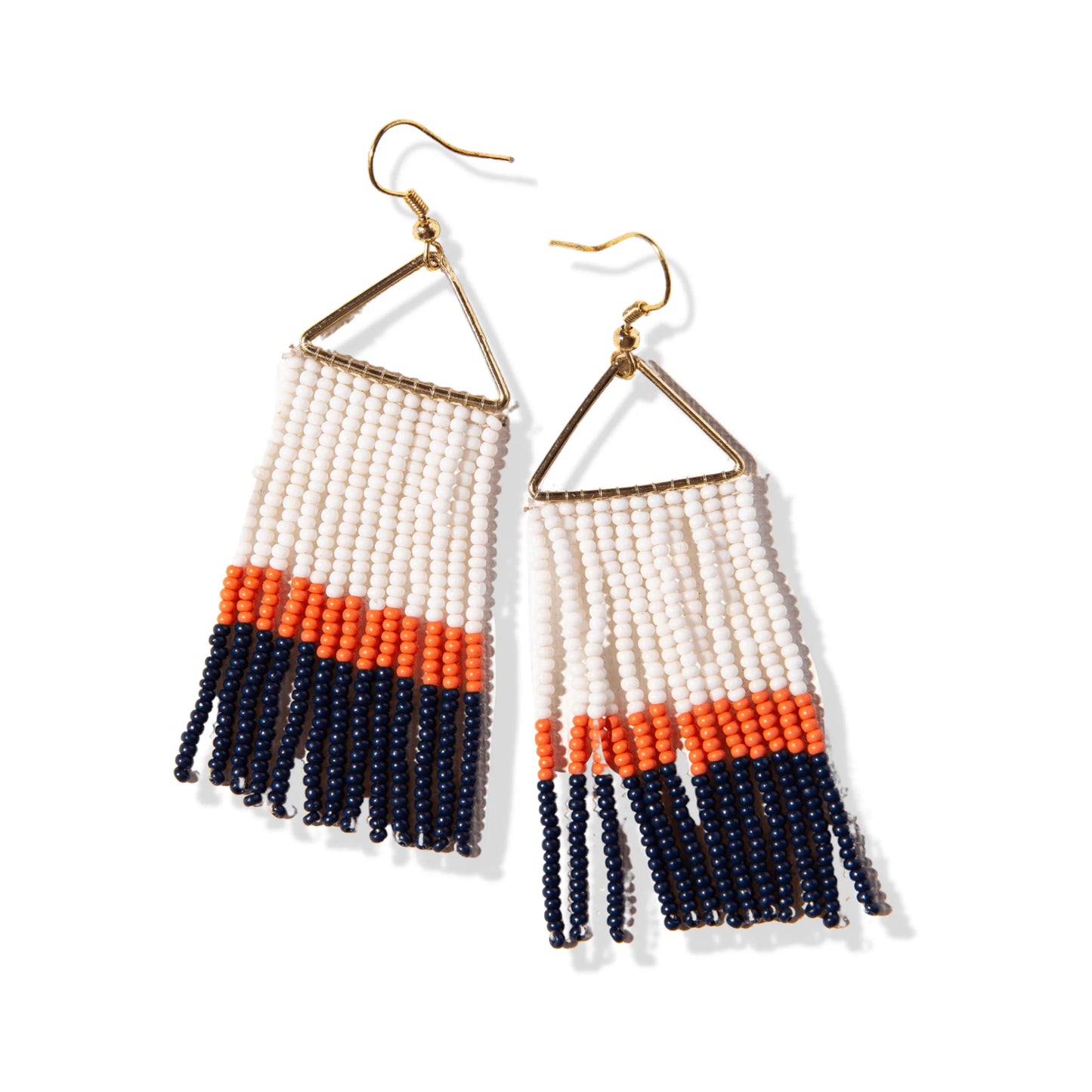 Navy Coral White Color Block Fringe On Triangle Earring