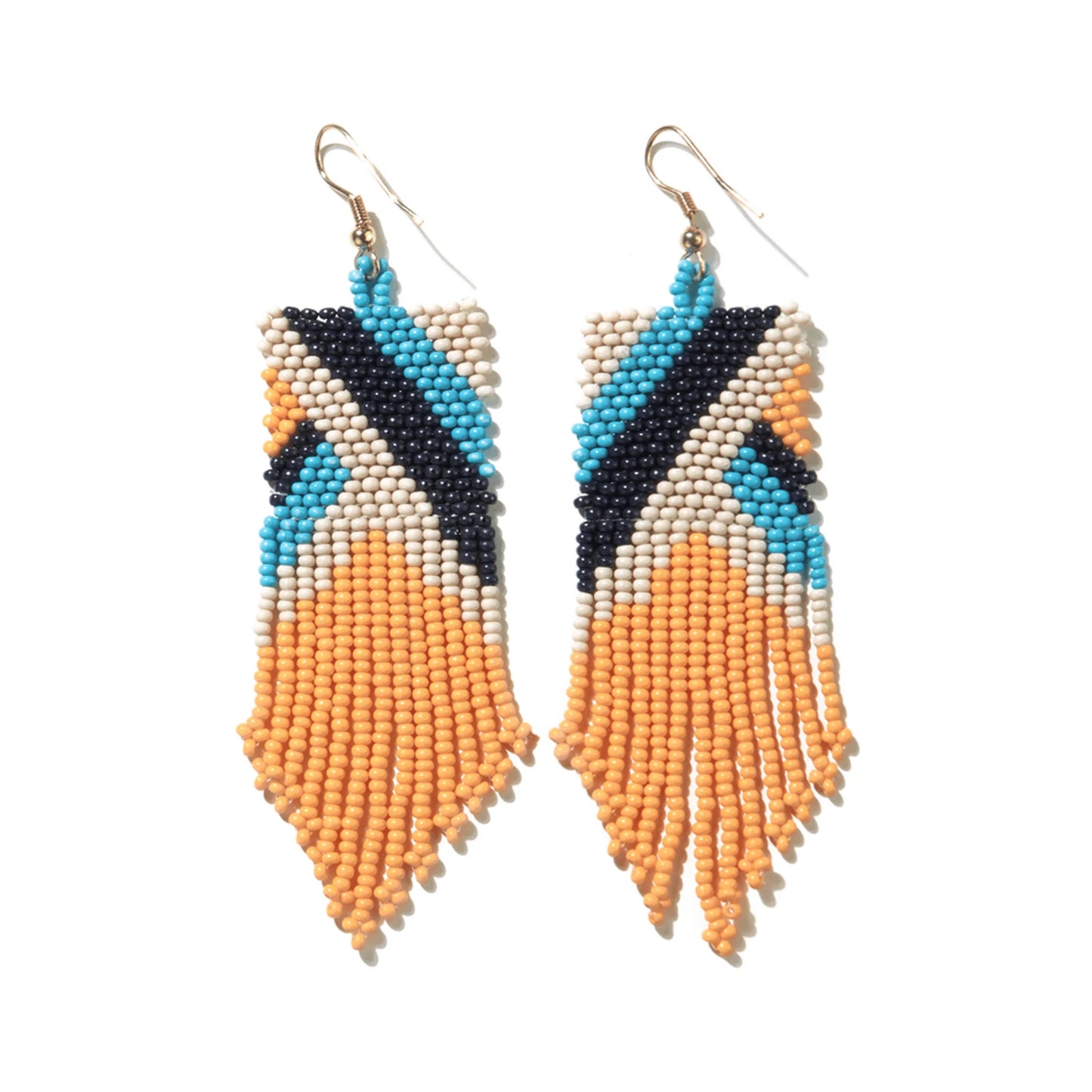 YELLOW IVORY NAVY TURQUOISE STRIPE ANGLES EARRINGS