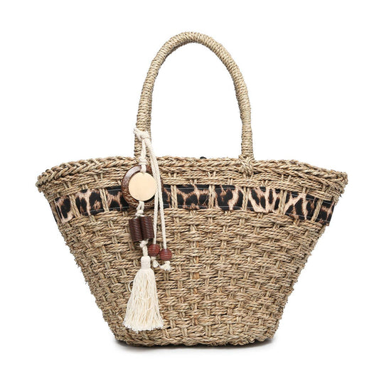 Leighton Seagrass Tote w/ Woven Leopard Contrast