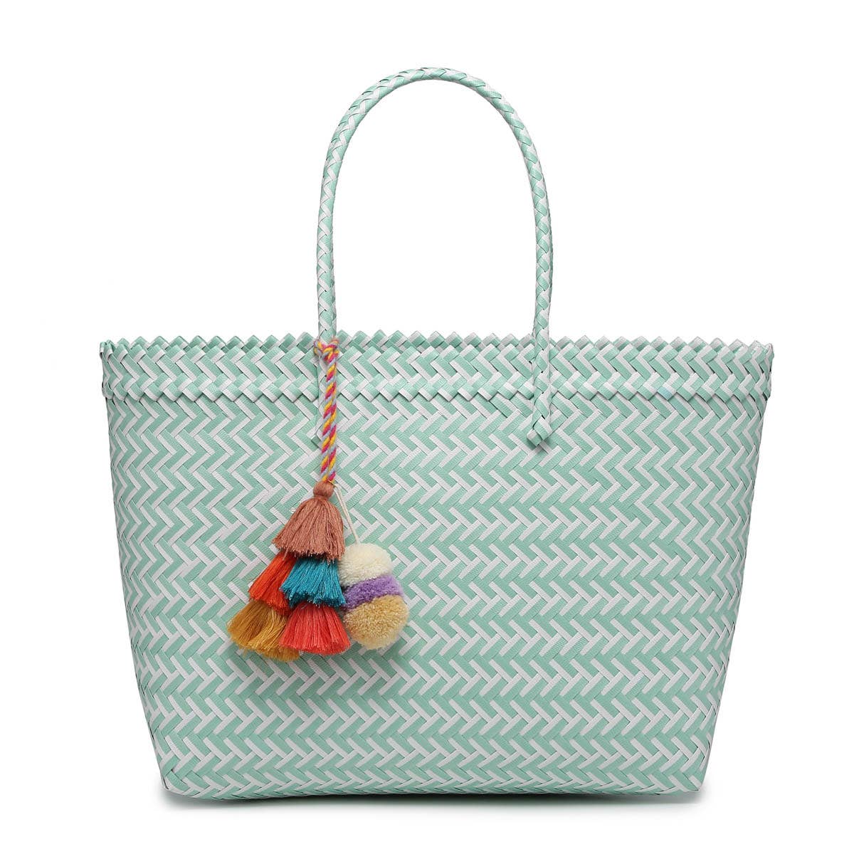 Shelby Large Handwoven Tote w/ Pom-Poms Green