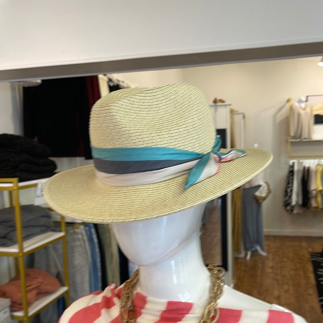 Hat with removable striped silk scarf